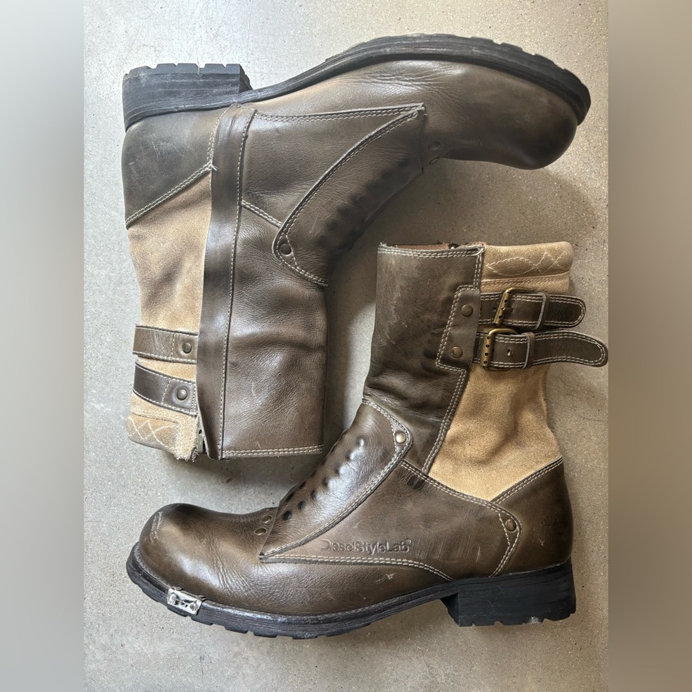 Diesel- Men’s Combat Boots in Olive Green & Tan with Zippers Studs and New Heals